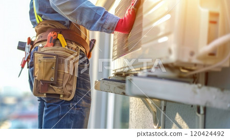 HVAC technician with tool belt working on outdoor unit, ensuring efficient performance and reliability. HVAC service technician. Copyspace HVAC technician with tool belt working on outdoor unit, ensuring efficient performance and reliability. HVAC service technician. Copyspace 120424492