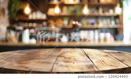 Round wooden tabletop counter with a defocused coffee shop background, ideal for displaying products or text. Empty round wood tabletop counter Round wooden tabletop counter with a defocused coffee shop background, ideal for displaying products or text. Empty round wood tabletop counter 120424493