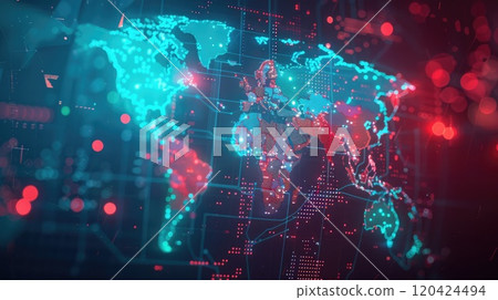 Holographic overlay on cybersecurity world map with neon blue and red highlighted regions. Cybersecurity map Holographic overlay on cybersecurity world map with neon blue and red highlighted regions. Cybersecurity map 120424494