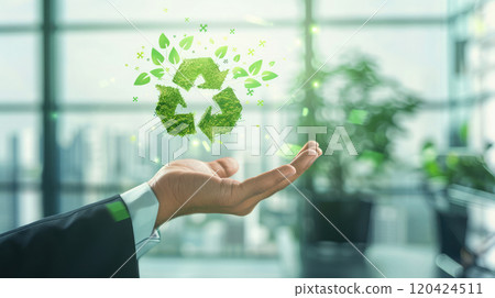 1. Green energy icons floating above a businessman's hand in a futuristic office setting 1. Green energy icons floating above a businessman's hand in a futuristic office setting 120424511