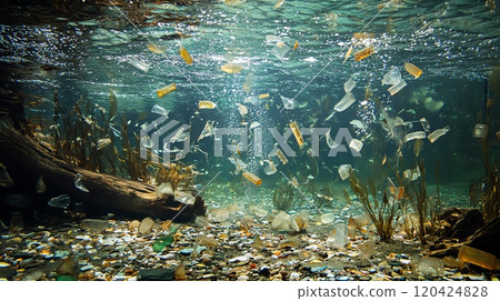 The ocean floor littered with broken glass and waste, threatening marine life. Advocates for better glass recycling to prevent environmental harm. 120424828