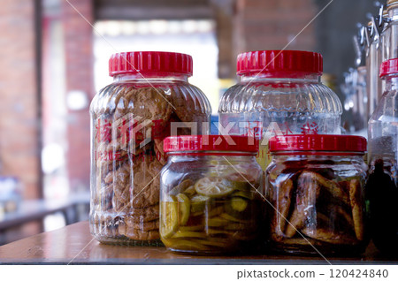 Traditional preserved foods and snacks from Sankengzi Old Street in Taiwan Traditional preserved foods and snacks from Sankengzi Old Street in Taiwan 120424840