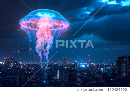 Glowing blue jellyfish UFO over night city Glowing blue jellyfish UFO over night city 120424890