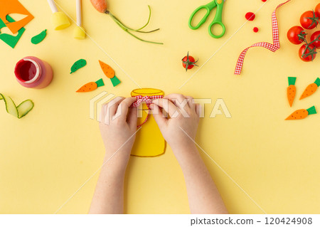 Paper jar with vegetables (tomato, carrot and cucumber) on yellow idea for kindergarten kids craft Paper jar with vegetables (tomato, carrot and cucumber) on yellow idea for kindergarten kids craft 120424908