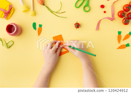 Paper jar with vegetables (tomato, carrot and cucumber) on yellow idea for kindergarten kids craft Paper jar with vegetables (tomato, carrot and cucumber) on yellow idea for kindergarten kids craft 120424912