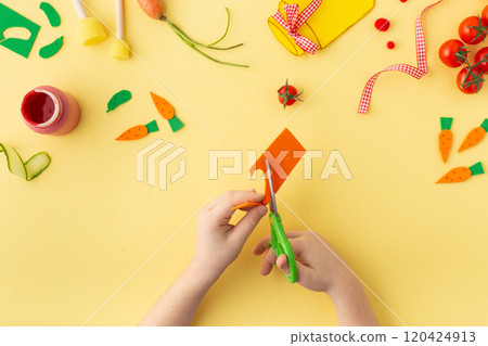 Paper jar with vegetables (tomato, carrot and cucumber) on yellow idea for kindergarten kids craft Paper jar with vegetables (tomato, carrot and cucumber) on yellow idea for kindergarten kids craft 120424913