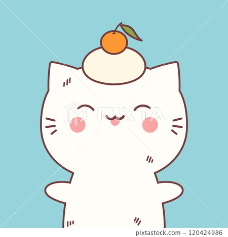 Cute kawaii cat with kagami mochi dessert on the head. Traditional Japanese New year food rice cake. Vector illustration 120424986
