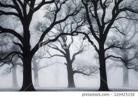 Morning light in a misty forest. AI Generated 120425156