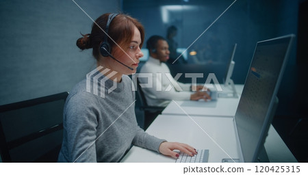 Call center office: Diverse team of technical support specialists working at night 120425315