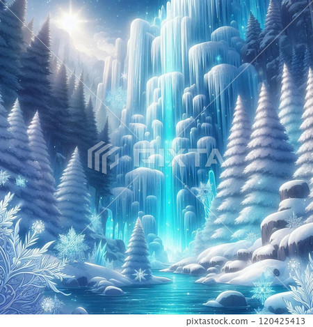 Beautiful frozen waterfalls and snowy scenery 120425413