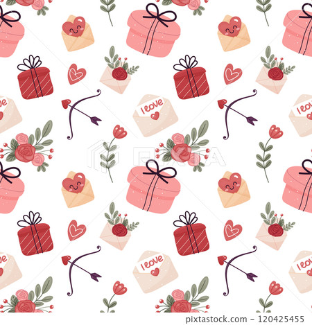 Valentine's Day, seamless pattern with flowers, hearts, letters. For wrapping paper, background. 120425455