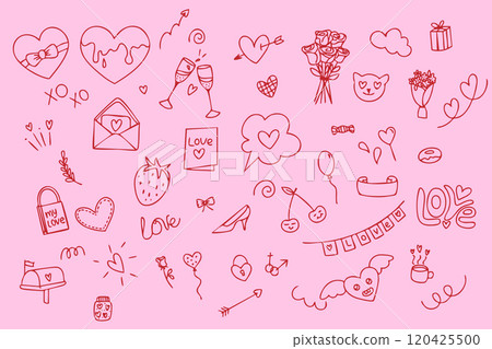 Doodle hand drawings for valentine's day. Red hearts, design elements Doodle hand drawings for valentine's day. Red hearts, design elements 120425500