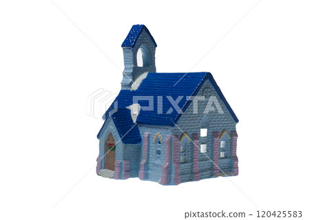 Children's small house on a white background.A gypsum product painted with acrylic paint in the form of a village house 120425583