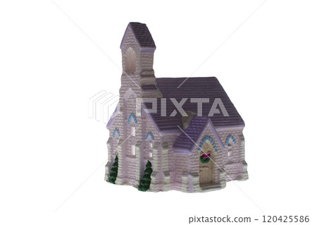 Children's small house on a white background.A gypsum product painted with acrylic paint in the form of a village house 120425586