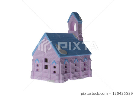 Children's small house on a white background.A gypsum product painted with acrylic paint in the form of a village house Children's small house on a white background.A gypsum product painted with acrylic paint in the form of a village house 120425589
