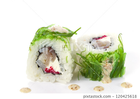 Menu of the Japanese restaurant. Two traditional sushi rolls with a variety of fillings sprinkled with sea cabbage close-up Menu of the Japanese restaurant. Two traditional sushi rolls with a variety of fillings sprinkled with sea cabbage close-up 120425618