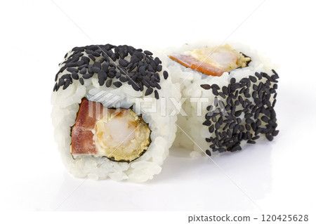 Sushi rolls japanese food isolated on white background.Menu of the Japanese restaurant. Two traditional sushi rolls with a variety of filling sprinkled with sesame close-ups 120425628