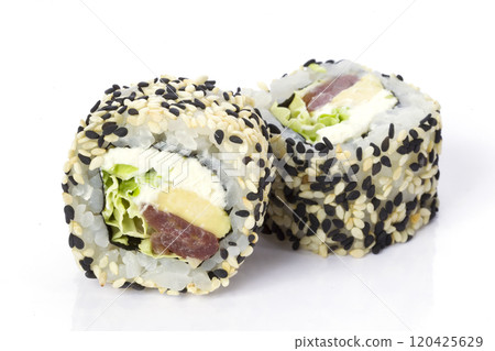 Sushi rolls japanese food isolated on white background.Menu of the Japanese restaurant. Two traditional sushi rolls with a variety of filling sprinkled with sesame close-ups Sushi rolls japanese food isolated on white background.Menu of the Japanese restaurant. Two traditional sushi rolls with a variety of filling sprinkled with sesame close-ups 120425629