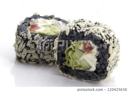 Menu of the Japanese restaurant. Two sushi with black rice closeup 120425638