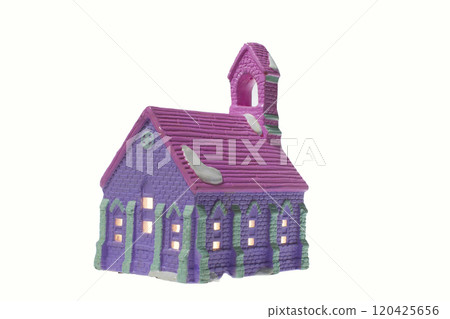 Children's small house on a white background.A gypsum product painted with acrylic paint in the form of a village house 120425656