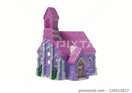 Children's small house on a white background.A gypsum product painted with acrylic paint in the form of a village house 120425657
