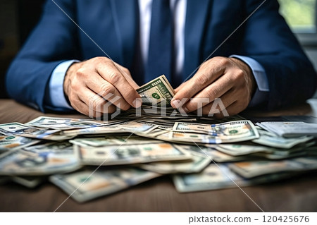 Businessman counting a large pile of one hundred dollar bills 120425676