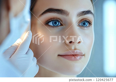 Dermatologist examining patient's face skin with light in clinic 120425677