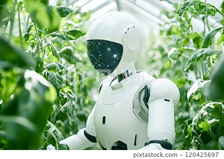 Advanced humanoid robot monitoring and maintaining plants in greenhouse 120425697
