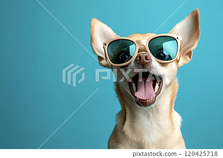 Happy chihuahua dog smiling and panting wearing sunglasses 120425718