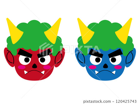 A simple and flat illustration set of red and blue demons on a white background - Setsubun image 120425743