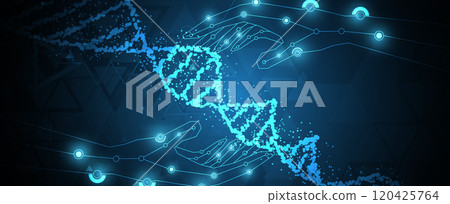 Futuristic human face with a DNA structure background 120425764
