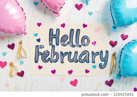 phrase "Hello February" with red background hearts copyspace phrase "Hello February" with red background hearts copyspace 120425842