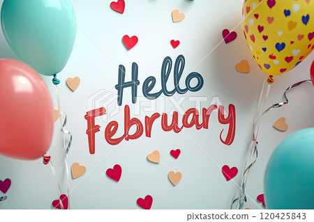 phrase "Hello February" with red background hearts copyspace phrase "Hello February" with red background hearts copyspace 120425843