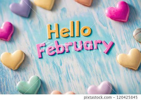 phrase "Hello February" with red background hearts copyspace phrase "Hello February" with red background hearts copyspace 120425845