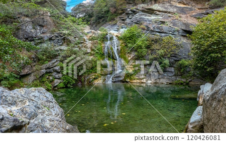 Ucelluline waterfalls on Corsica surrounded by lush greenery and rocks, showcasing natural beauty 120426081
