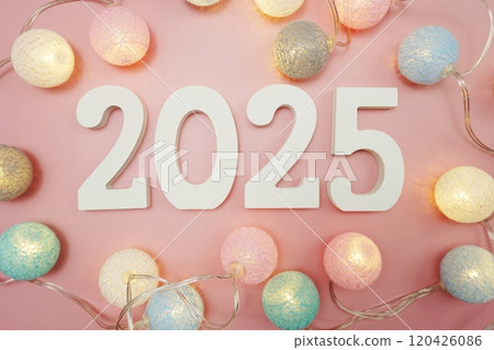 Happy New Year 2025 festive background with space on pink background Happy New Year 2025 festive background with space on pink background 120426086