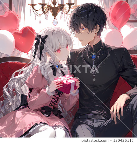 一個白化病女孩和一個藍眼睛的年輕人坐在古董沙發上。日本動漫風格AI插畫 120426115