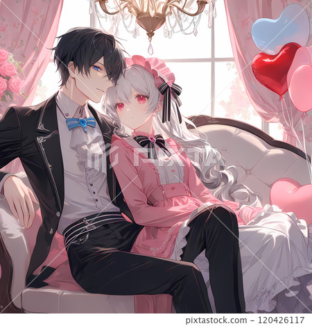 一個白化病女孩和一個藍眼睛的年輕人坐在古董沙發上。日本動漫風格AI插畫 120426117