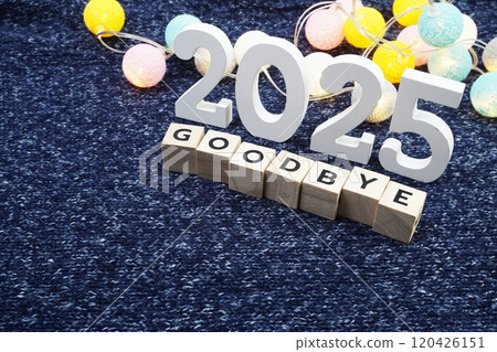 Goodbye 2025 alphabet letter decorate with LED cotton ball on blue knitted fabric background4 Goodbye 2025 alphabet letter decorate with LED cotton ball on blue knitted fabric background4 120426151