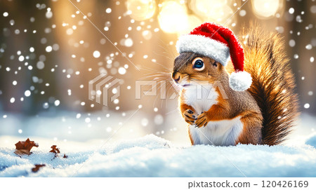 Charming red squirrel wearing Santa hat, on snowy ground in winter forest. Fluffy tail illuminated by warm sunlight creates magical Christmas atmosphere, soft bokeh background. Banner with copy space Charming red squirrel wearing Santa hat, on snowy ground in winter forest. Fluffy tail illuminated by warm sunlight creates magical Christmas atmosphere, soft bokeh background. Banner with copy space 120426169