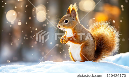 Banner of close up red squirrel sitting on snowy ground in forest during winter. The squirrel is brightly lit with warm sunlight, showcasing its fluffy tail, sharp ears, and detailed fur texture Banner of close up red squirrel sitting on snowy ground in forest during winter. The squirrel is brightly lit with warm sunlight, showcasing its fluffy tail, sharp ears, and detailed fur texture 120426170