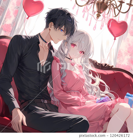 An albino girl and a blue-eyed young man sitting on an antique couch. AI illustration in Japanese anime style 120426172