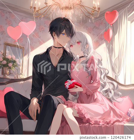 一個白化病女孩和一個藍眼睛的年輕人坐在古董沙發上。日本動漫風格AI插畫 120426174