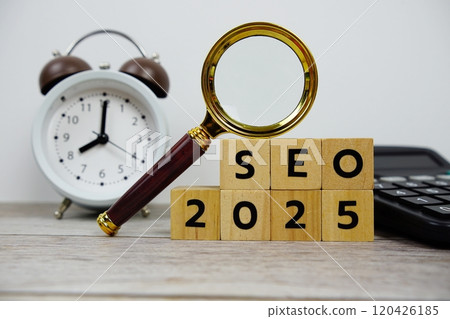 SEO 2025 with wooden blocks alphabet letters and Magnifying glass on wooden background SEO 2025 with wooden blocks alphabet letters and Magnifying glass on wooden background 120426185