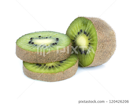 Fresh kiwi fruit sliced and stacked on white background. High quality photo 120426206