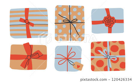 New year present set. Gift boxes with ribbon Set in Trendy Flat style. Gift wrapping simple elements on white background New year present set. Gift boxes with ribbon Set in Trendy Flat style. Gift wrapping simple elements on white background 120426334