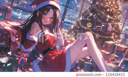 A beautiful anime-style Japanese girl dressed as Santa Claus A beautiful anime-style Japanese girl dressed as Santa Claus 120426415