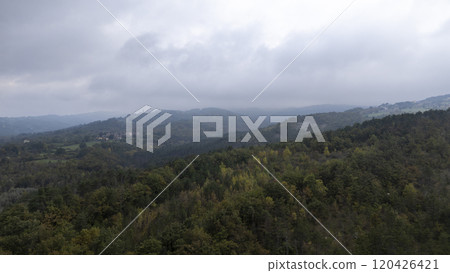Layers of wooded hills fading into misty distance under cloudy sky Layers of wooded hills fading into misty distance under cloudy sky 120426421
