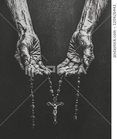 Elderly hands holding rosary beads with crucifix on dark background 120426443