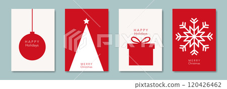 Set Christmas card in modern minimalist geometric style, red and white backgrounds, elements for calendar and greetings cards or Happy New Year themed winter holiday invitations Set Christmas card in modern minimalist geometric style, red and white backgrounds, elements for calendar and greetings cards or Happy New Year themed winter holiday invitations 120426462